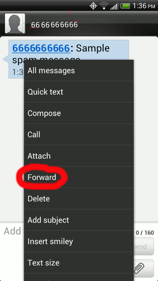 mark text as spam on android