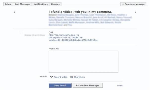 This is an example of a message sent to a social networking user notifying them of a video with them in it. If a user clicks on the link, malware is installed on their computer.