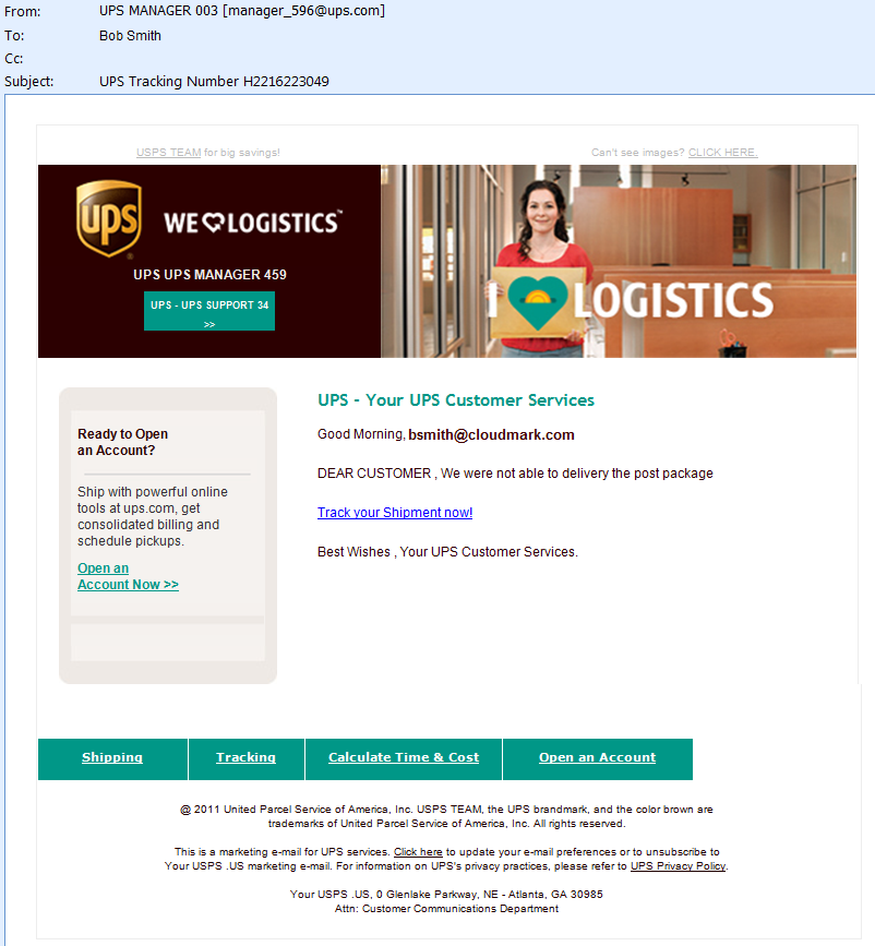 Screenshot of UPS email fraud